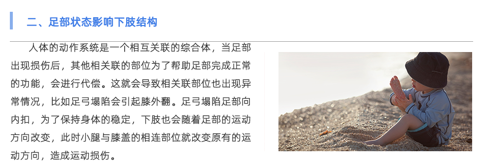 人体的动作系统是一个相互关联的综合体，当足部出现损伤后，其他相关联的部位为了帮助足部完成正常的功能，会进行代偿。这就会导致相关联部位也出现异常情况，比如足弓塌陷会引起膝外翻。足弓塌陷足部向内扣，为了保持身体的稳定，下肢也会随着足部的运动方向改变，此时小腿与膝盖的相连部位就改变原有的运动方向，造成运动损伤。
